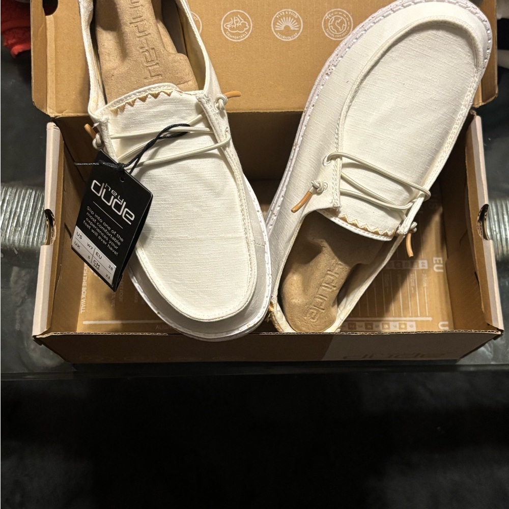 Hey Dude White and Sand Chambray shoes for lady’s